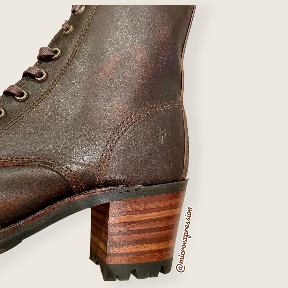 $528 Frye Sabrina Moto Brown Lace Up Leather Chunky Lug Heel Combat Ankle Bootie - Picture 14 of 16